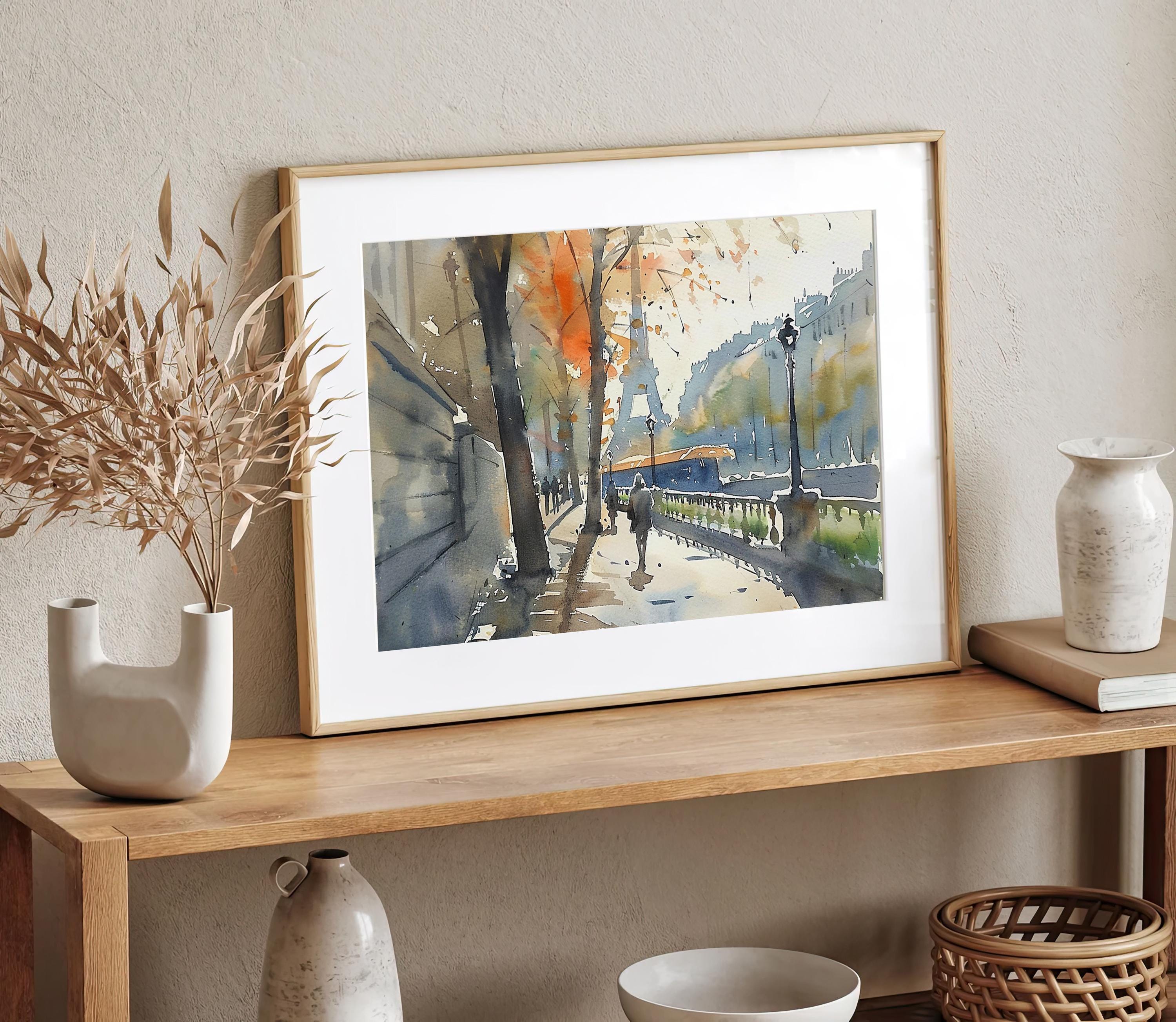パリの絵画 エッフェル塔 水彩画 アートプリント セーヌ川沿いの散歩道