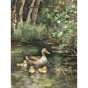 アヒルの絵 池 水彩画 アートプリント 森 湖 壁アート 風景画 緑の森アート アヒルの家族のアートワーク