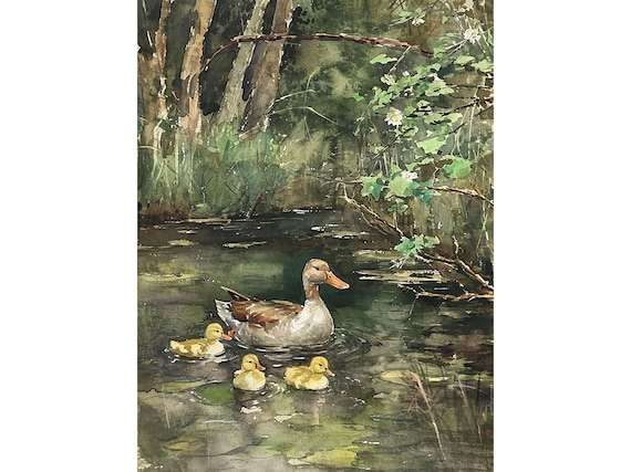 アヒルの絵 池 水彩画 アートプリント 森 湖 壁アート 風景画 緑の森