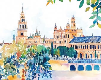 Espagne, peinture, Séville, aquarelle, impression d'art, art mural de la place d'Espagne, art mural, paysage urbain, affiche de voyage, impression de scène d'été
