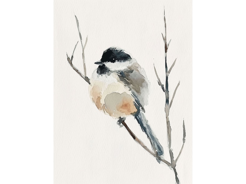 Chickadee Painting Bird Watercolor Art Print Minimalist Wall Art Bird On Branch Art Spring Wall Decor
