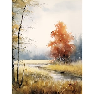 Herbst Landschaft Malerei Vermont Aquarell Kunst Herbst Feld Wand Kunst Minimalistische Wald Fluss Druck Rustikale Wanddekoration