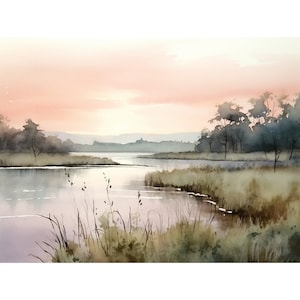 ワタウガ川の絵画 ノースカロライナの風景 水彩画 森 川 アートプリント 緑 ピンク 日の出 ポスター
