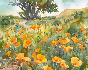 California Painting Poppy Field Watercolor Art Print Summer Meadow Wall Art Orange Poppies Print Landscape Artwork