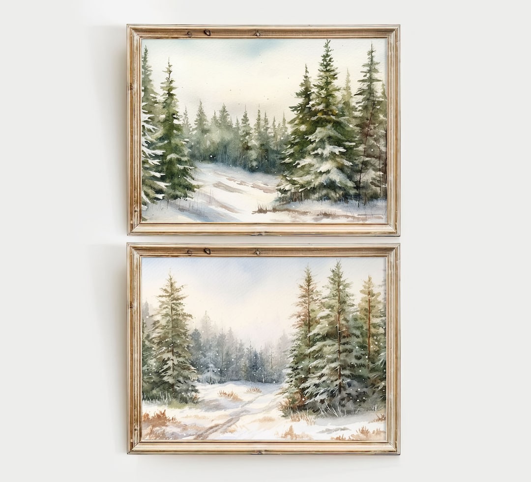 Snowy Forest Set of 2 Prints Pines Watercolor Winter Landscape Pacific ...