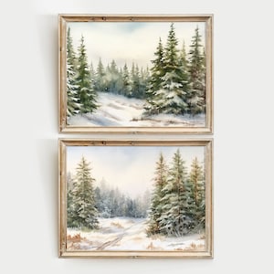 Verschneiter Wald 2er Set Drucke Pines Aquarell Winterlandschaft Pazifischer Nordwesten Drucke PNW Wandkunst Verschneites Evergreen Poster Set