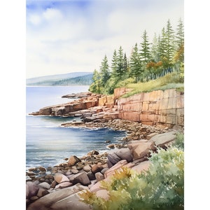 Otter Cliff Painting Acadia Wall Art Print Maine Küstenlandschaft Aquarell Bar Hafen Print Evergreen Forest Poster