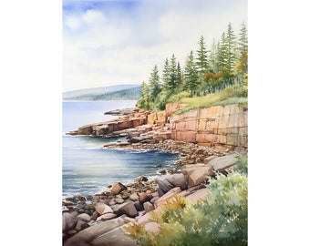 Otter Cliff Painting Acadia Wall Art Print Maine Coastal Landscape Watercolor Bar Harbor Print Evergreen Forest Poster