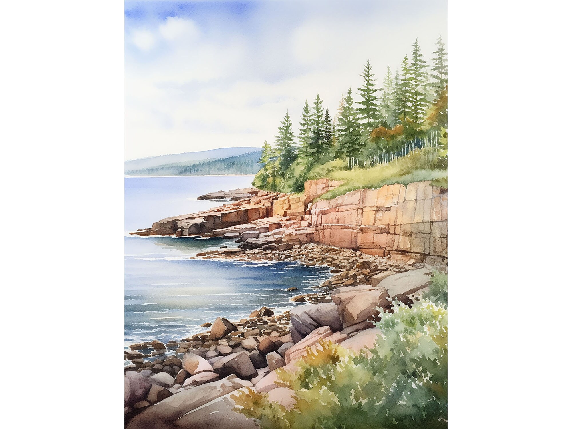 Otter Cliff Painting Acadia Wall Art Print Maine Coastal Landscape Watercolor Bar Harbor Print Evergreen Forest Poster