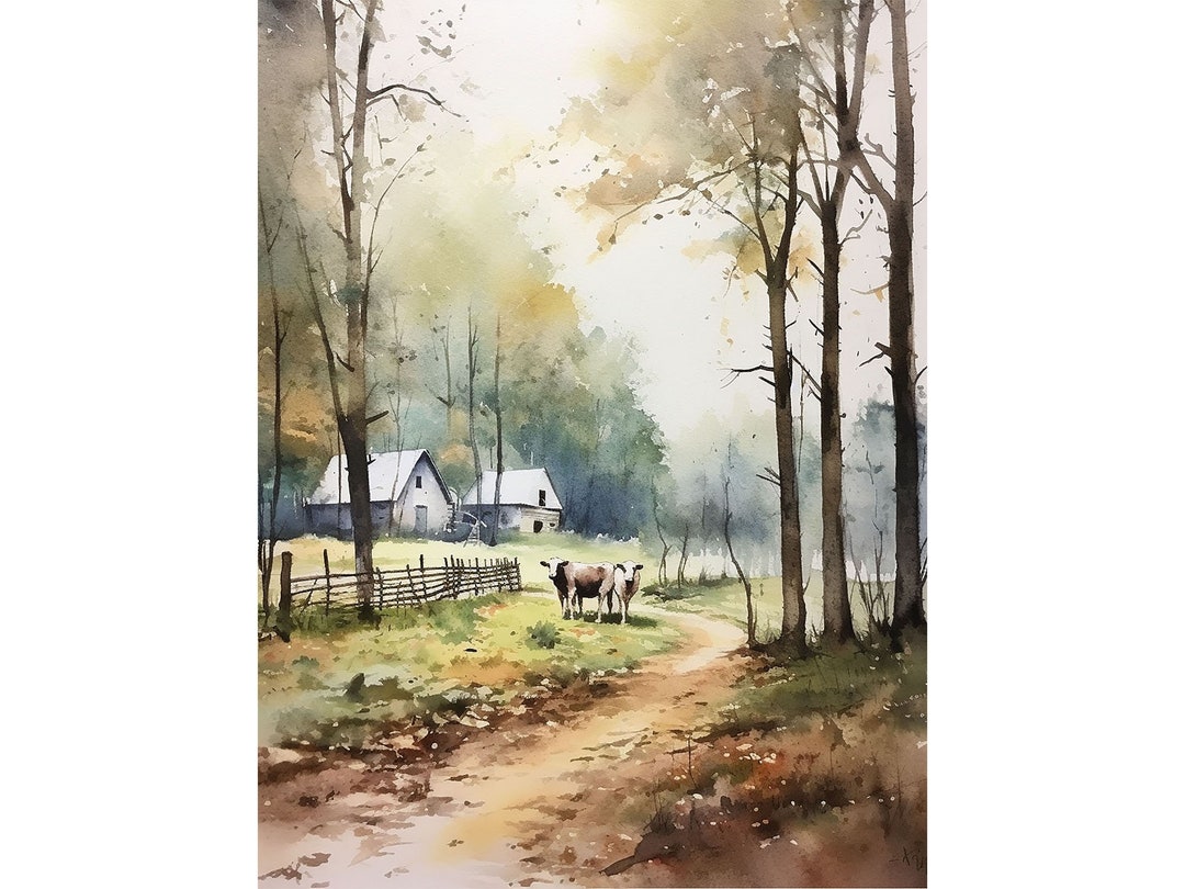 Berkshires Painting Farm Scene Watercolor Art Print Forest Landscape ...