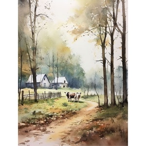 Berkshires pintura escena de la granja acuarela arte impresión bosque paisaje agricultura vaca pared arte otoño árboles arte otoño Massachusetts cartel