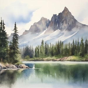 Idaho Watercolor Art Print Pine Trees Painting Mountain Lake Panoramic Landscape Wall Art Blue Green Watercolor