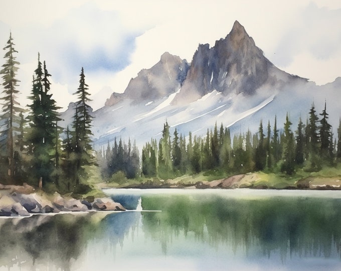 Mountain River Landscape Watercolor Painting Pine Tree Wall Art Neutral ...
