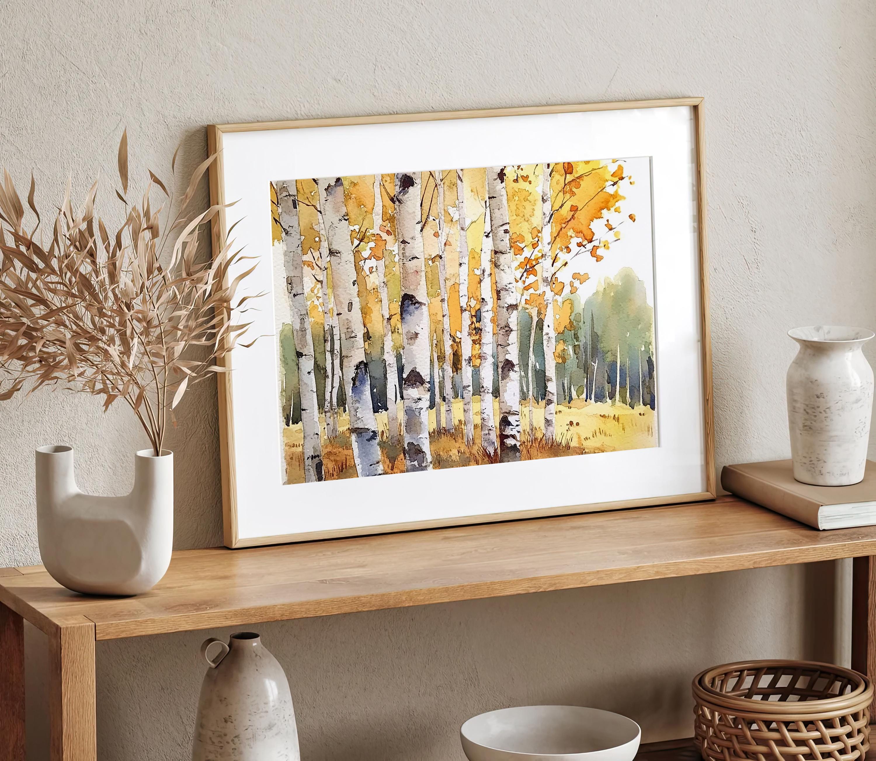 Stampa artistica della foresta di betulle Alberi di pioppo autunnale Arte murale Betulle Paesaggio ad acquerello Arte del Colorado Poster della foresta autunnale neutra - Italia