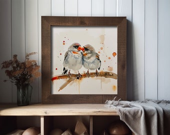 キンカチョウの絵画 キスする鳥 水彩画 アートプリント 枝に止まる2羽