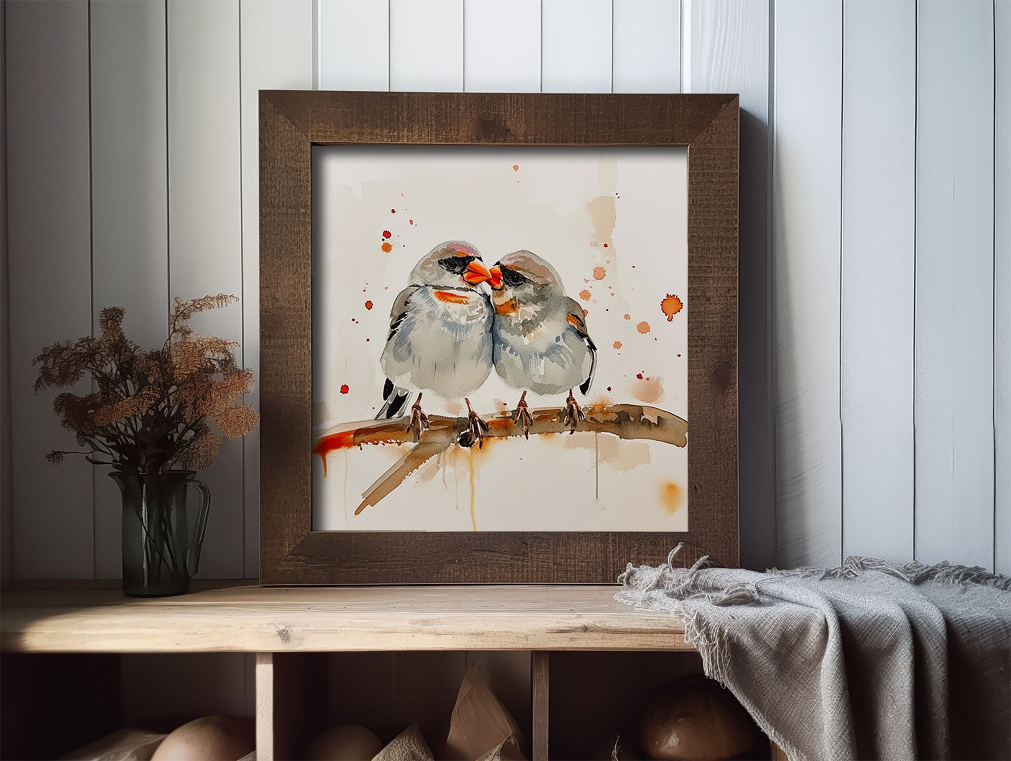 キンカチョウの絵画 キスする鳥 水彩画 アートプリント 枝に止まる2羽