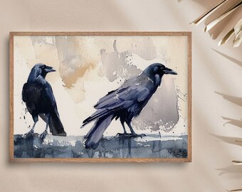 カラスの絵画 鳥のアートプリント ワタリガラスの水彩画 アート 黒い