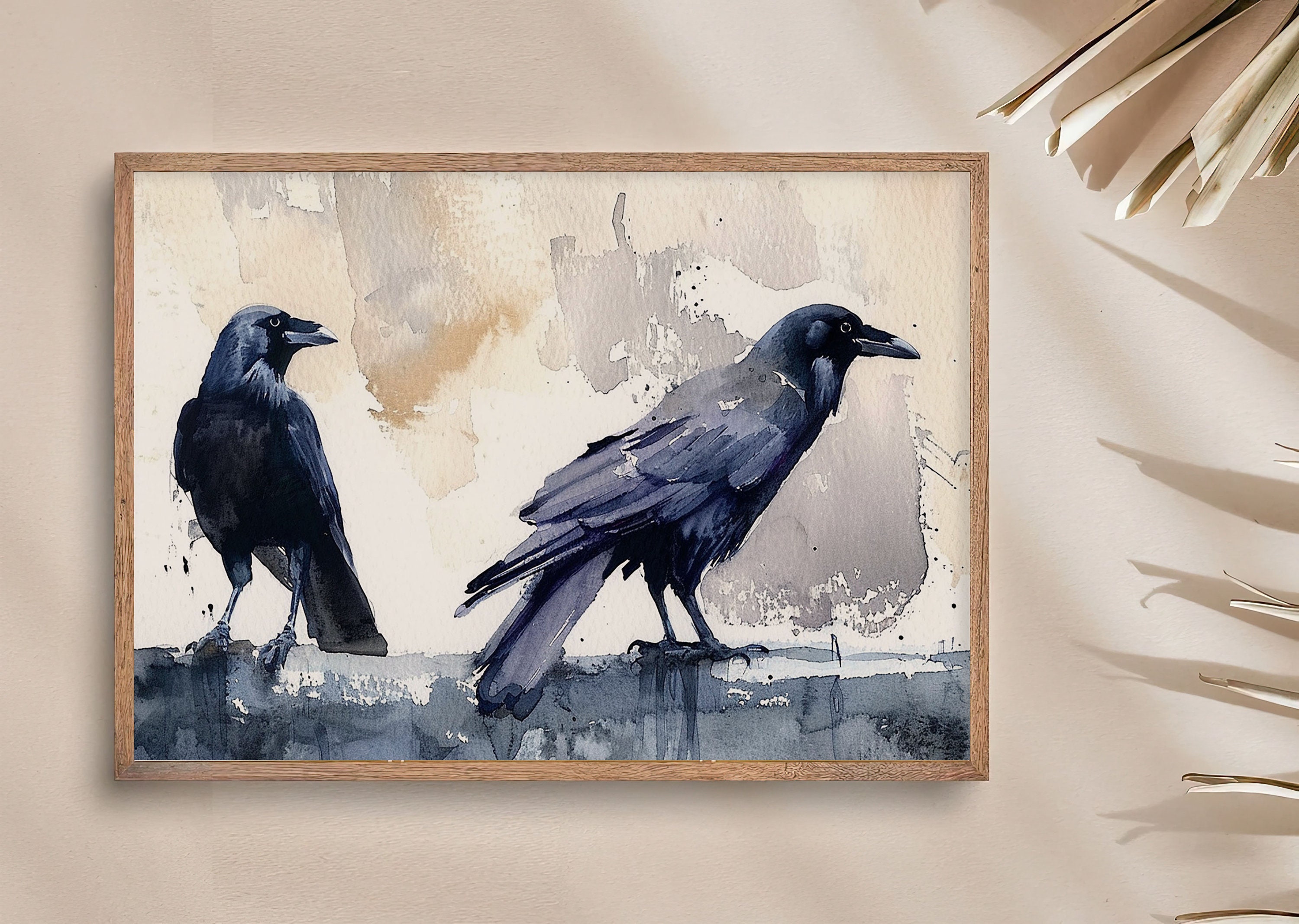 カラスの絵画 鳥のアートプリント ワタリガラスの水彩画 アート 黒い