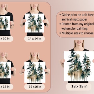 May include: Watercolor print of evergreen trees in shades of green and brown on white paper. Available in multiple sizes, including 10 x 10 in, 14 x 14 in, 12 x 12 in, 16 x 16 in, and 18 x 18 in. Printed on archival matt paper.