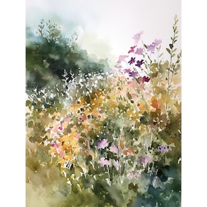May include: Watercolor painting of a field of wildflowers in shades of purple, yellow, and orange. The flowers are painted in a loose, impressionistic style, with soft edges and a sense of movement.