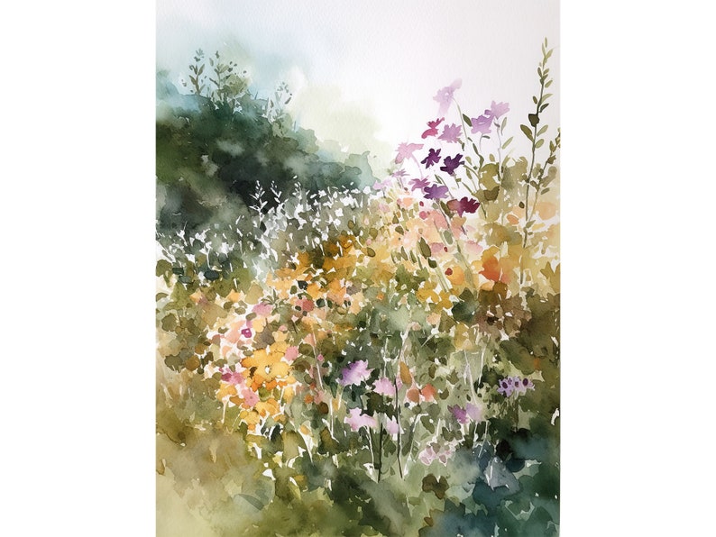 May include: Watercolor painting of a field of wildflowers in shades of purple, yellow, and orange. The flowers are painted in a loose, impressionistic style, with soft edges and a sense of movement.