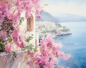 Bougainvillea Painting Positano Art Print Cinque Terre Watercolor Amalfi Coast Wall Art Seascape Artwork