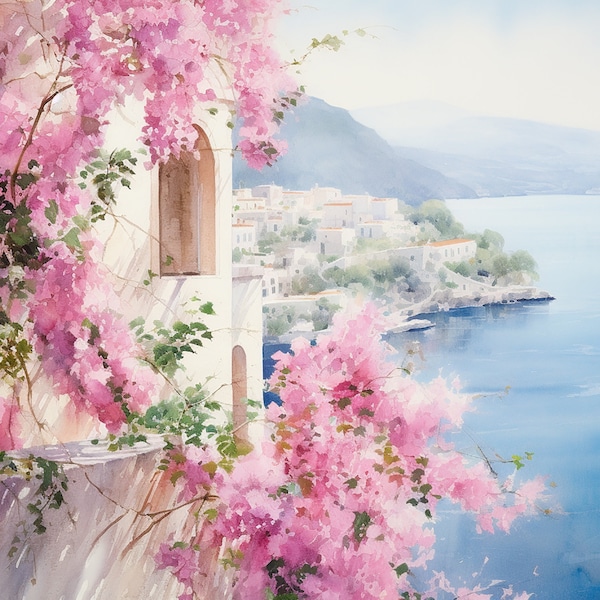 Bougainvillea Painting Positano Art Print Cinque Terre Watercolor Amalfi Coast Wall Art Seascape Artwork