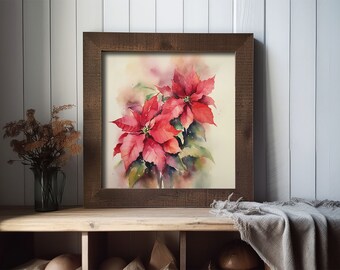 ポインセチアの絵画 クリスマスフラワー水彩画 花のアートプリント