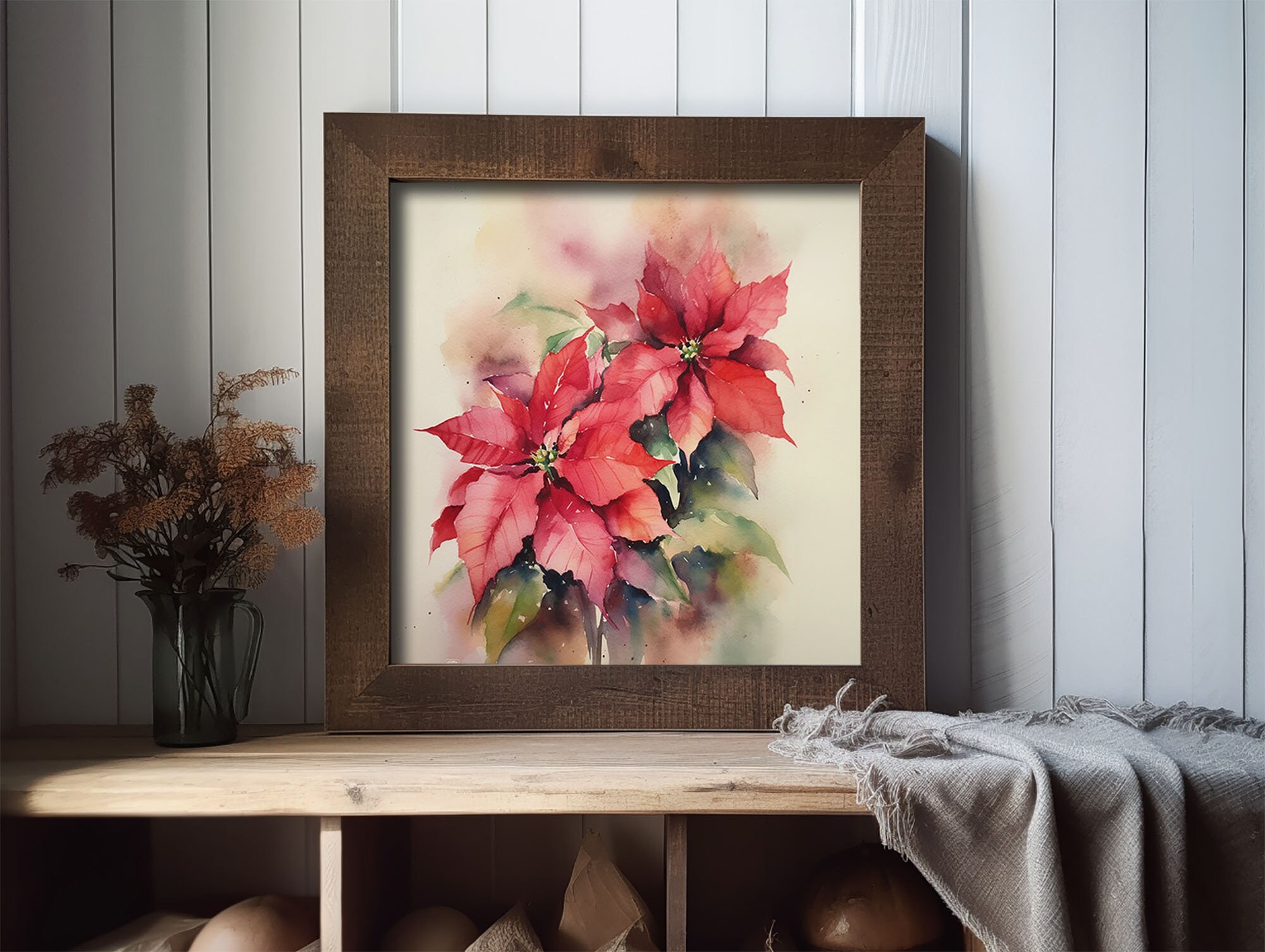 ポインセチアの絵画 クリスマスフラワー水彩画 花のアートプリント