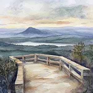 Point Park Watercolor Art Print Mountain River Landscape Panoramic Wall Art Chattanooga Poster