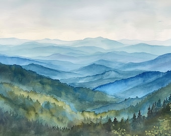 Montagnes de Blue Ridge, peinture Blue Ridge Parkway, impression d'art aquarelle, art mural paysage de Caroline du Nord, oeuvre de forêt de montagne