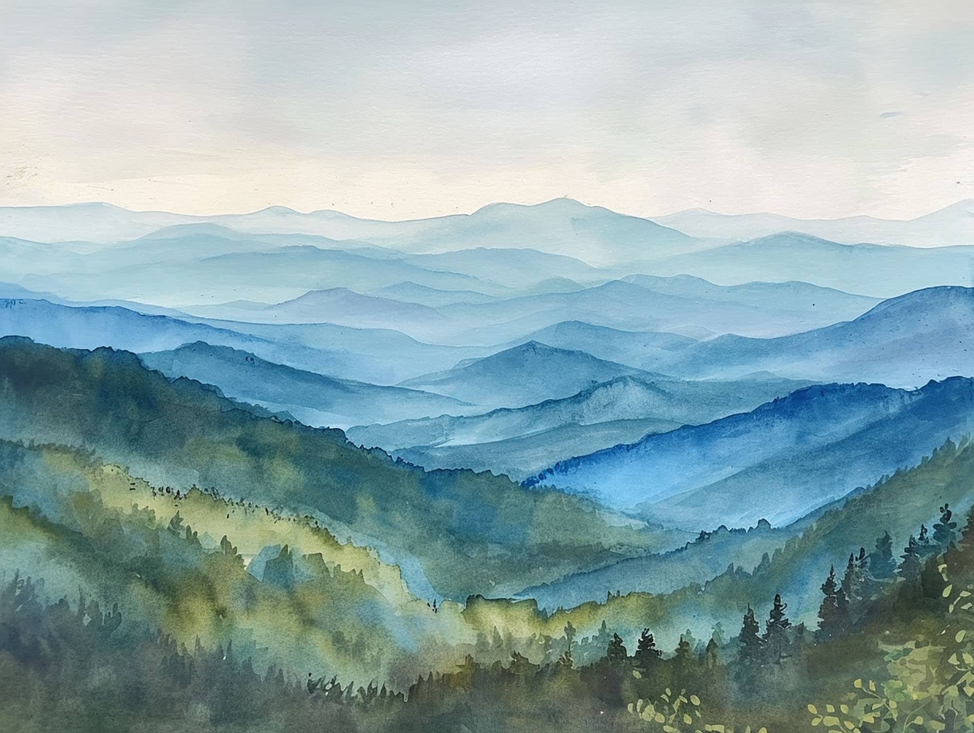 絵画 Mountain ridge lake Original watercolor Art Blue Ridge Painting National Park