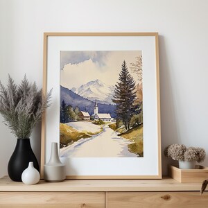 Stowe Painting Vermont Watercolor Art Print Winter Landscape Wall Art Snowy Road Art Snowfall Print