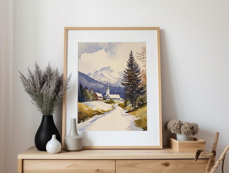 Stowe Painting Vermont Watercolor Art Print Winter Landscape Wall Art Snowy Road Art Snowfall Print