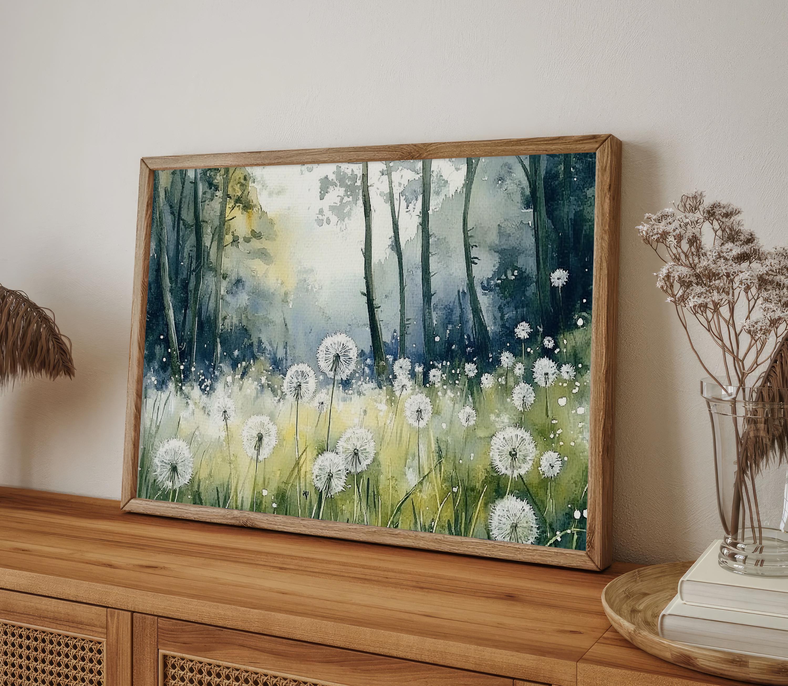 夏の野原の絵画 ふわふわのタンポポの水彩画 アートプリント 白い