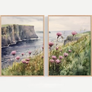 Cliffs of Moher Painting Set of 2 Art Prints Ireland Landscape Wall Art County Clare Coast Art Irish Wall Decor Travel Posters Thistle Art