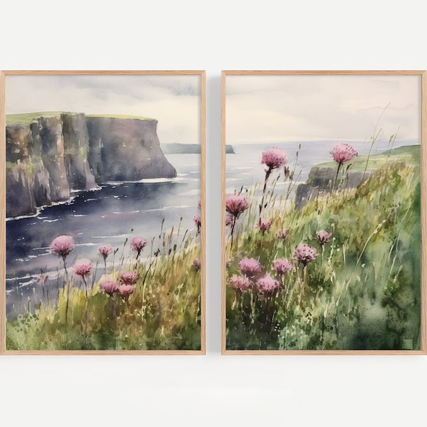 Cliffs of Moher Painting Set of 2 Art Prints Ireland Landscape Wall Art County Clare Coast Art Irish Wall Decor Travel Posters Thistle Art