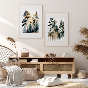 Pine Trees Print Set of 2 Misty Forest Watercolor Foggy Landscape Art ...