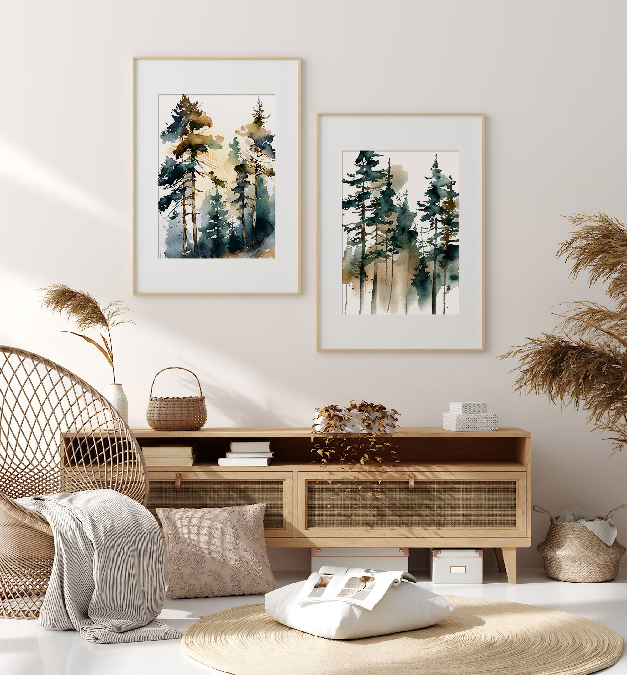 Pine Trees Print Set of 2 Misty Forest Watercolor Foggy Landscape Art ...