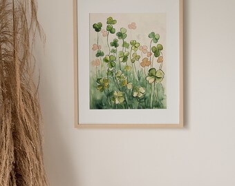 クローバーの絵画 花の水彩画プリント 四つ葉のクローバーの壁アート