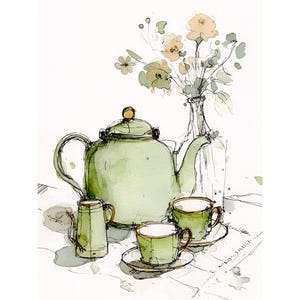 Könnte beinhalten: Aquarell-Illustration eines Teeservices mit grüner Teekanne, Sahnekännchen und zwei Tassen auf Untertassen. Eine Vase mit Blumen steht hinter dem Teeservice. Das Kunstwerk ist in Grün-, Braun- und Weißtönen gehalten.