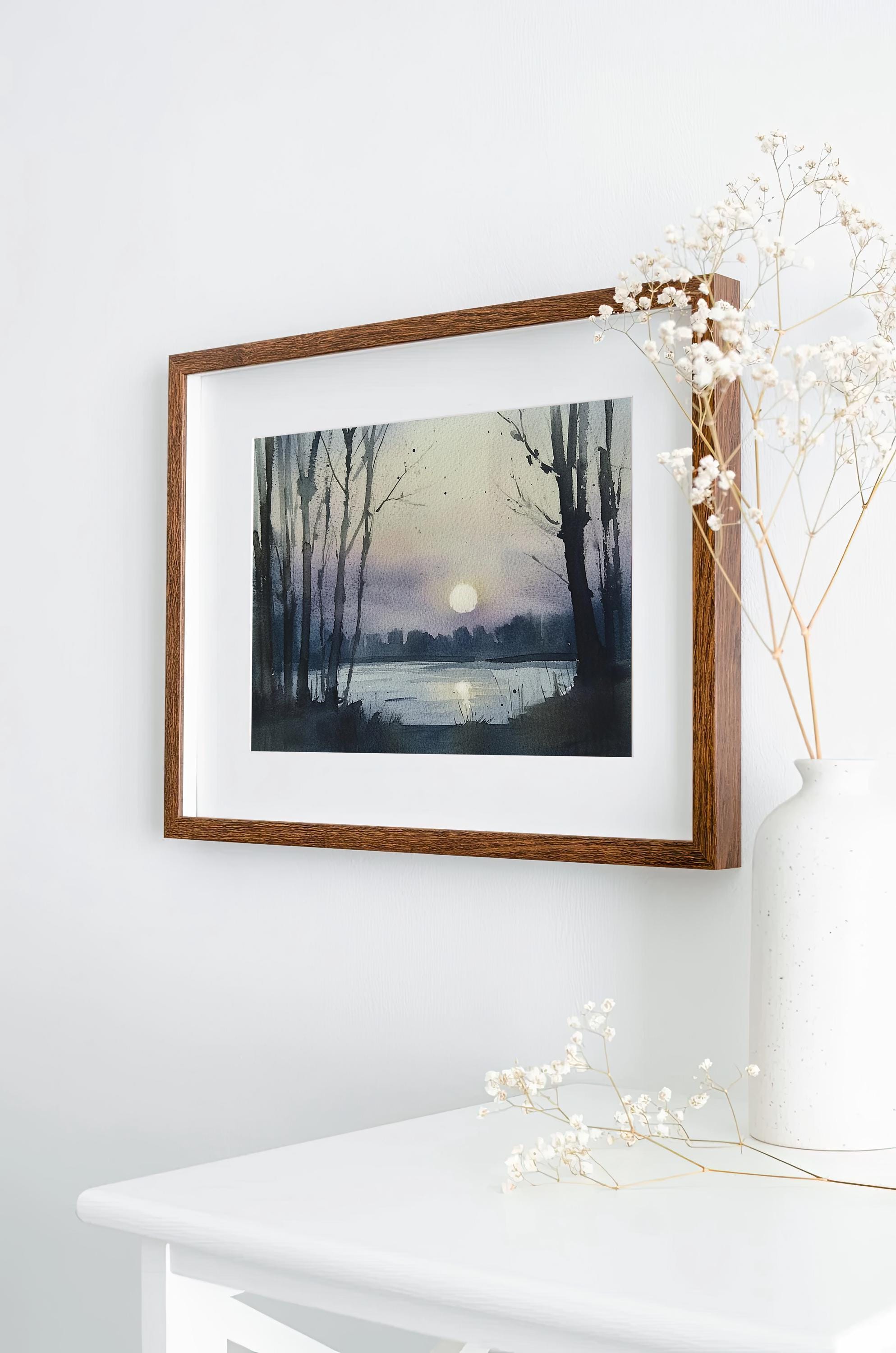 月の絵画 夜の風景 水彩画 アートプリント スペリオル湖 壁アート 月光