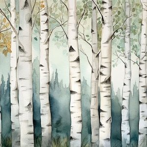 Birken Bäume Malerei Aquarell Wald Kunstdruck Herbst Dekor Neutral Weiß Blau Wald Kunst