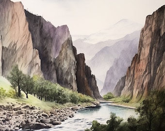 Black Canyon, peinture Gunnison, impression d'art aquarelle, Colorado, paysage, rivière, montagne, art mural, oeuvre d'art du parc national