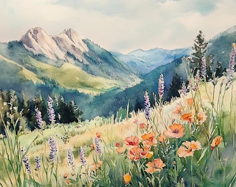 Sun Valley Painting Idaho Landscape Watercolor Art Print Wildflowers Wall Art Mountain Range Print Field Of Flowers Poster