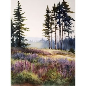 Lupine Print Oregon Wildflowers Watercolor Pine In Lupine Landscape Flowers Field Poster Forest Cabin Decor