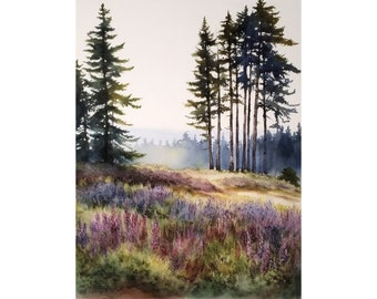 Lupine Print Oregon Wildflowers Watercolor Pine In Lupine Landscape Flowers Field Poster Forest Cabin Decor