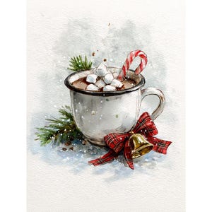 Puede incluir: Ilustración en acuarela de una taza de chocolate caliente con malvaviscos y un bastón de caramelo. Un lazo a cuadros rojo con una campana dorada y ramitas de pino completan la escena. La taza es blanca con un borde negro.