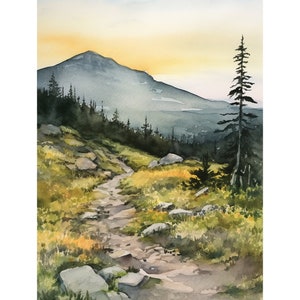 Harbor Mountain aquarel schilderij Alaska landschapskunst print wandelpad kunst groenblijvende bos muur decor