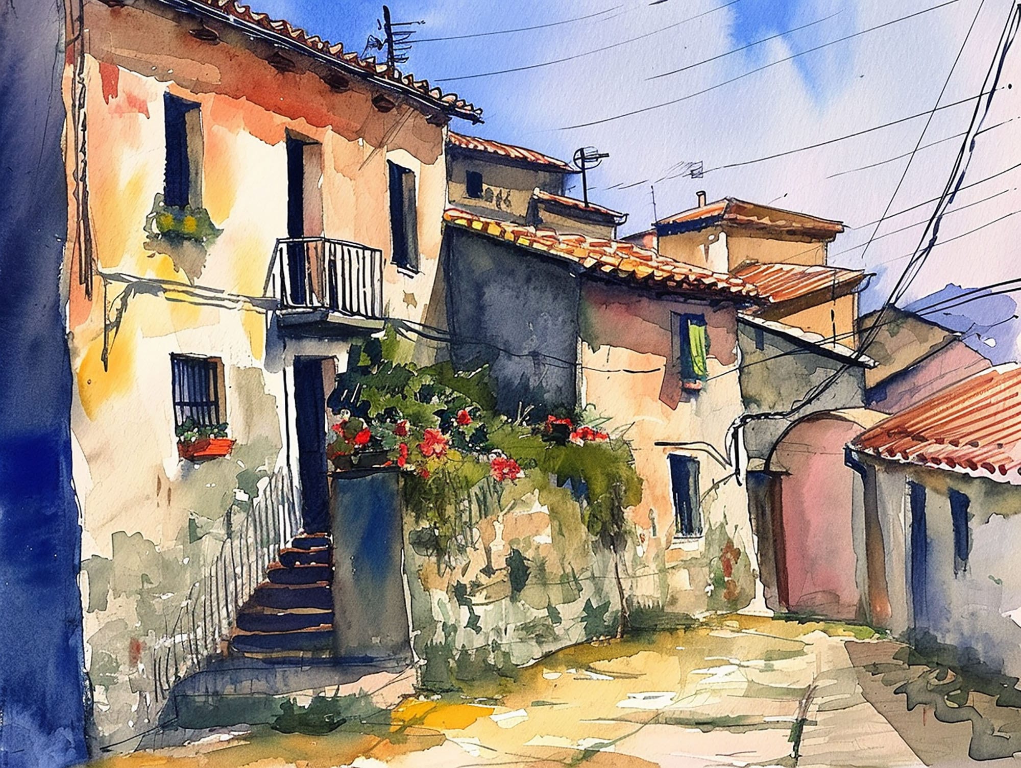 カラブリア絵画 南イタリア 水彩画 イタリアの村のアートプリント